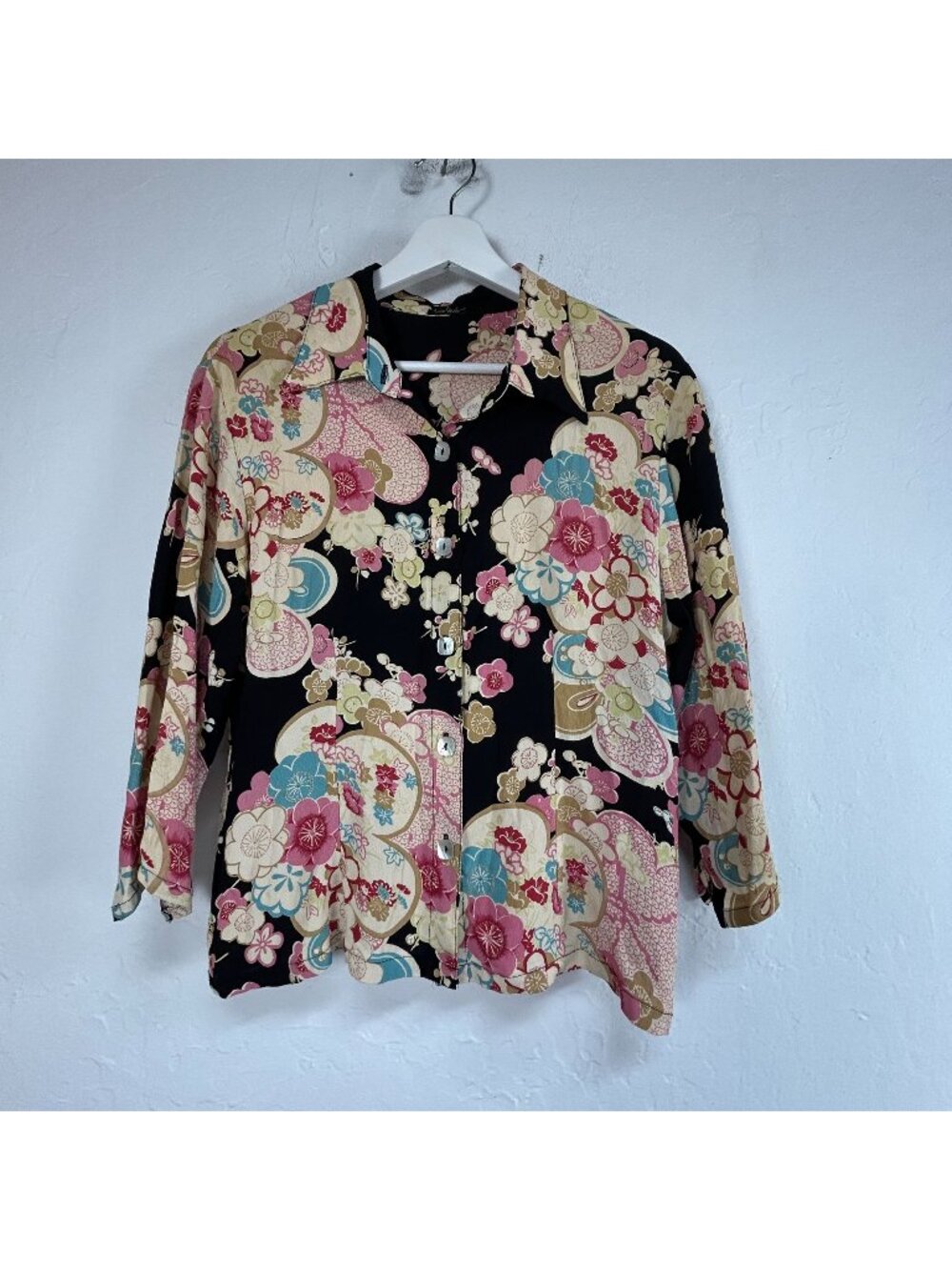 Loco Lindo Womens Floral Print 3/4 Sleeve Button-Up Shirt Blouse Top Large Black